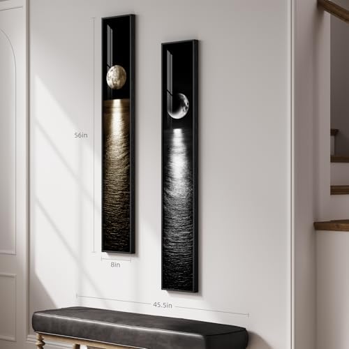 Framed Vertical Black White Gold Moon Landscape Wall Art Decor, 2 Pieces - Image 2