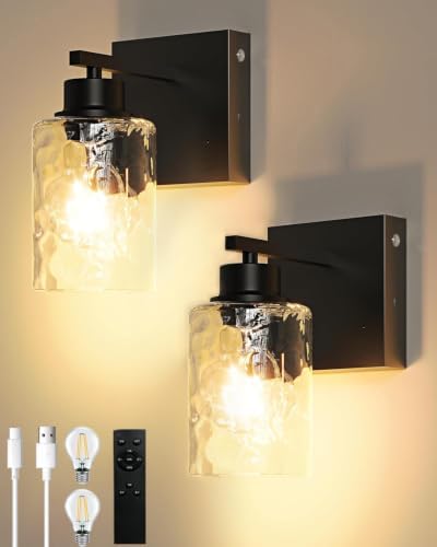 Hammered Glass Wireless Battery Operated Wall Sconces Set of Two Black by Rayogale