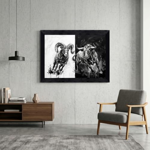 Framed Canvas Wall Art Mixed Media Charging Bull and Mountain Ram Monochrome - Image 4