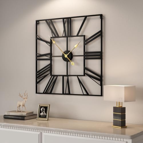 Cuspin 24 Inch Square Wall Clock, Large Black Metal Roman Numeral Clock - Image 3