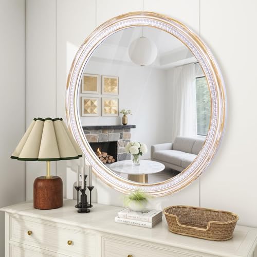 30 Inch Round Wood Mirror, Rustic Farmhouse Decorative Wall Mirror - Image 3