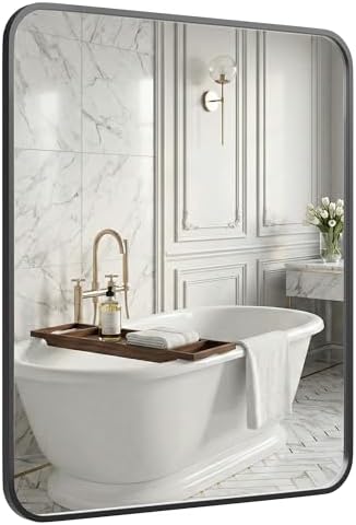 30x36 Inch Matte Black Rounded Rectangle Bathroom Vanity Mirror by Pocetry