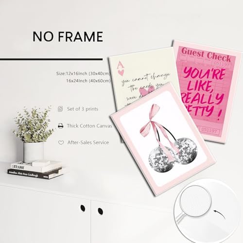Pink Preppy Wall Art Framed Set of 3 Trendy Coquette Disco Cherry Posters Retro - Image 4