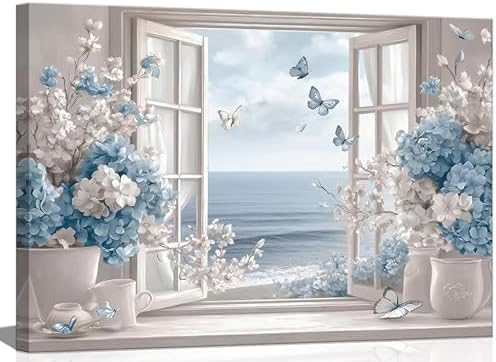 Birnsen Coastal Bathroom Flower Canvas Wall Art Blue Hydrangea Fake Window by Birnsen