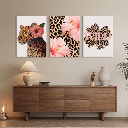 Trendy Leopard Wall Art Pink Cheetah Print Room Decor Leopard Flower Canvas - Image 3