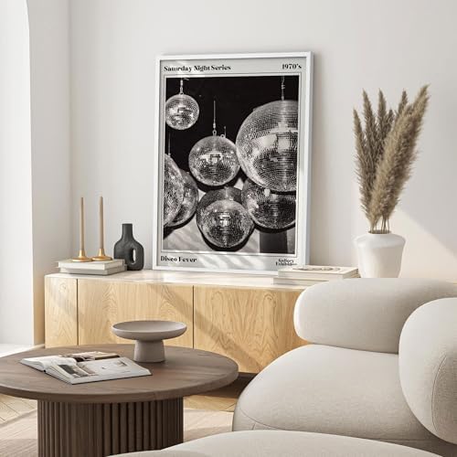 70s Disco Ball Wall Art 20x30in White Framed Vintage Black and White Newspaper - Image 7
