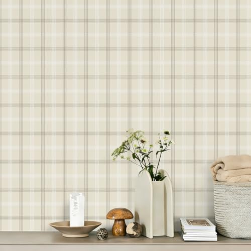 Plaid Wallpaper Peel and Stick Boho Gingham Neutral 393’’ x 17.3’’ by VisitTheLativo