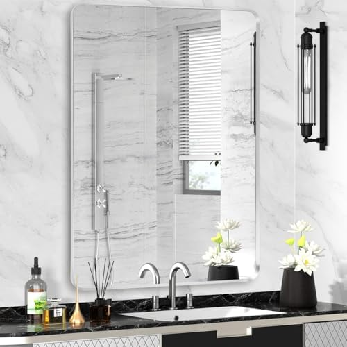 Silver Bathroom Mirror 28x36in, Metal Framed Rounded Rectangle by Minuover