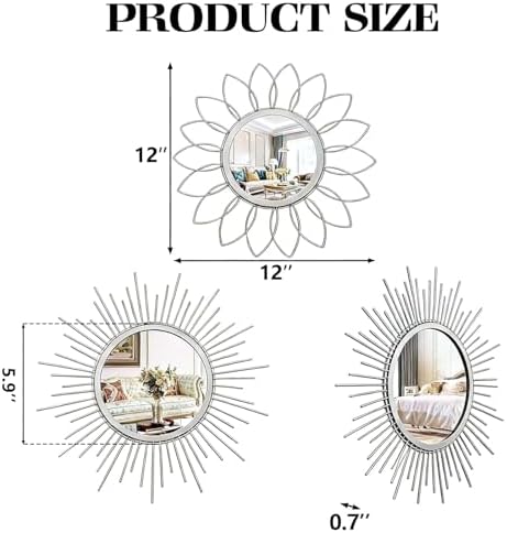 Boho Sunburst Wall Mirror Set of 3, 12 Inch Round Antique & Modern Metal Wall - Image 2
