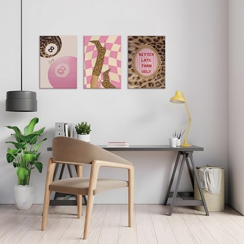 Framed Pink Leopard Print Wall Art Set of 3, Trendy Fashion Lucky 8 Ball Canvas - Image 6