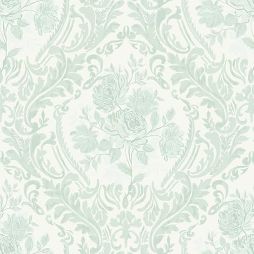 Ismoon Sage Green Floral Wallpaper Peel Stick Vintage Damask Wallpaper by Ismoon