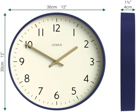 JONES CLOCKS® Studio Clock | Modern Round wall Clock | 12" | Navy Blue - Image 3