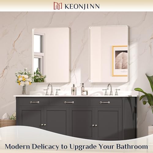 Keonjinn 24 x 32 Inch Brushed Nickel Bathroom Vanity Mirror, Aluminum Frame - Image 2