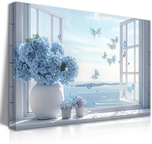 Open Window Canvas Wall Art Blue Hydrangea Floral Vase Butterfly Wall Decor by Unknown