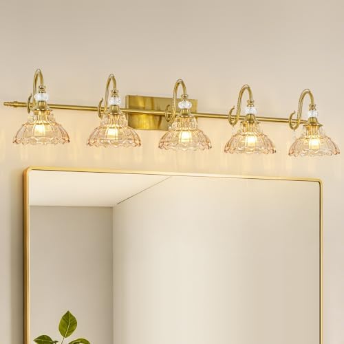 Vintage Bathroom Vanity Light, 5-Light Brushed Gold Finish Wall Sconce by Unknown