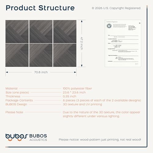 BUBOS 6 Pack Wood Wall Panel, 23.6"x23.6" Peel and Stick Faux Acousitc Panel - Image 3