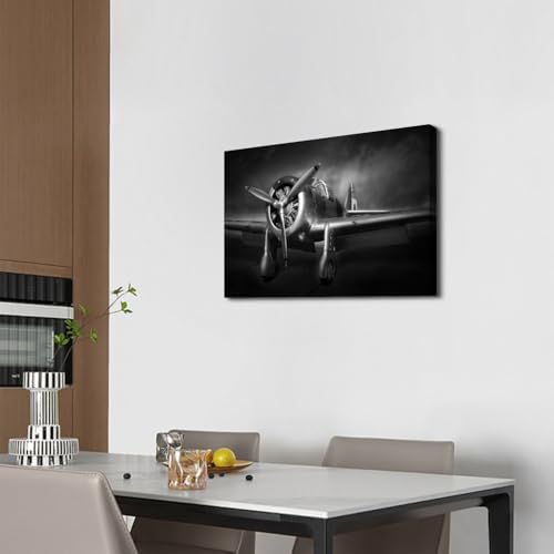 Vintage Airplane Wall Art for Living Room Black and White Propeller Aircraft - Image 2