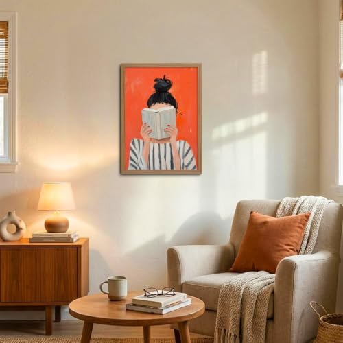 Abstract Framed Wall Art Reading Woman Canvas Print Bold Orange Wall Decor - Image 3