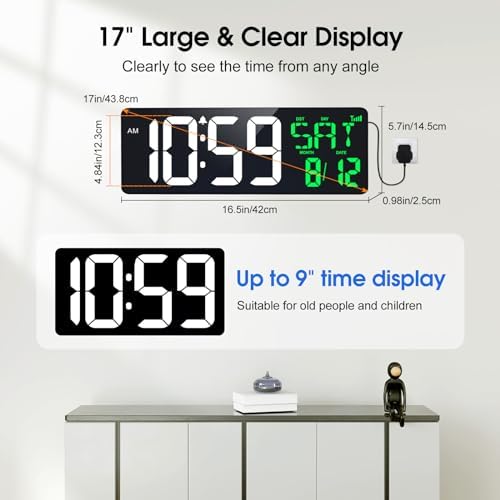 17" Large Digital Wall Clock, Auto Dimmer - Image 3