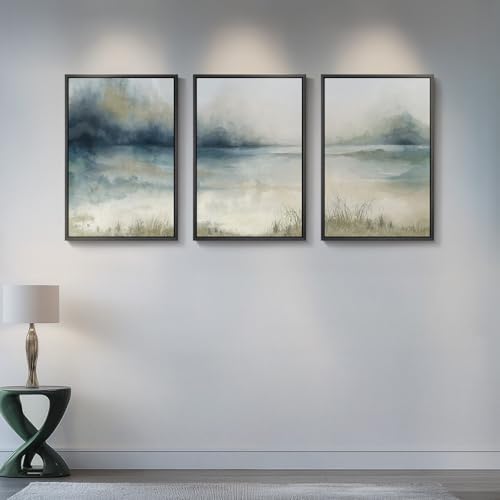 Large Framed Blue Abstract Landscape Wall Art, 3 Piece Set, Each 20x30 In - Image 4