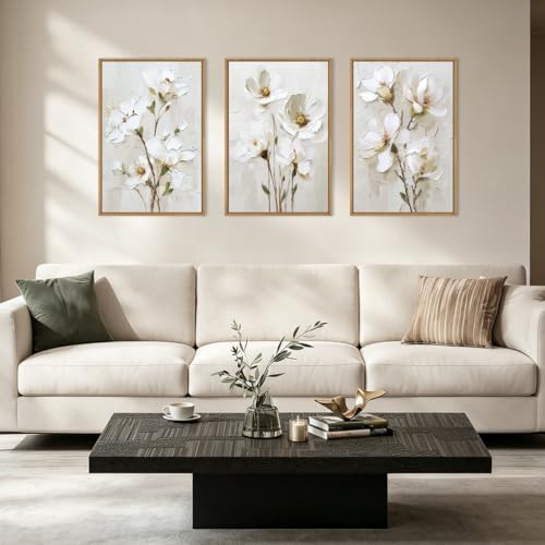 FWIEXA 3D Beige White Floral Canvas Wall Art Set 3, Texture Neutral Botanical - Image 2