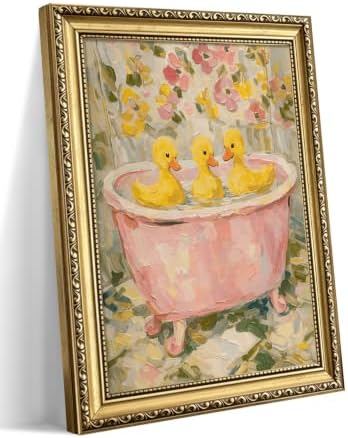 Gold Framed Vintage Duck Wall Art, Cute Duck Bathtub Print by Unknown