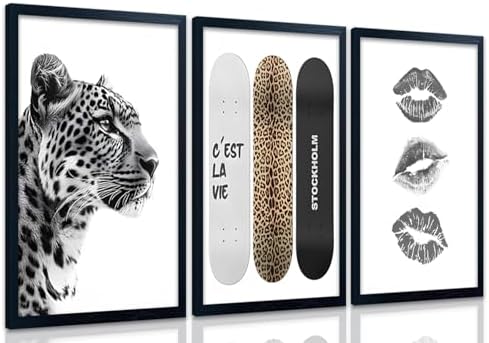 Framed Stockholm Style Canvas Wall Art Set of 3 Black and White Fashion Leopard by JBZDD