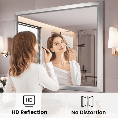 Amorho Bathroom Mirror for Wall 44x36 Inch, Brushed Silver Metal Framed - Image 2