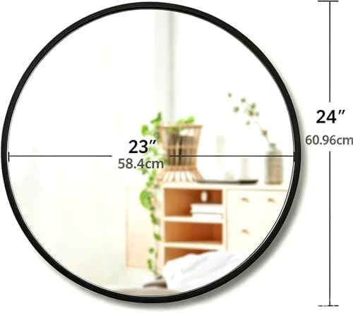 24 Inch Round Mirror, Metal Frame Wall Mirror Mounted Black Circle Mirrors - Image 2
