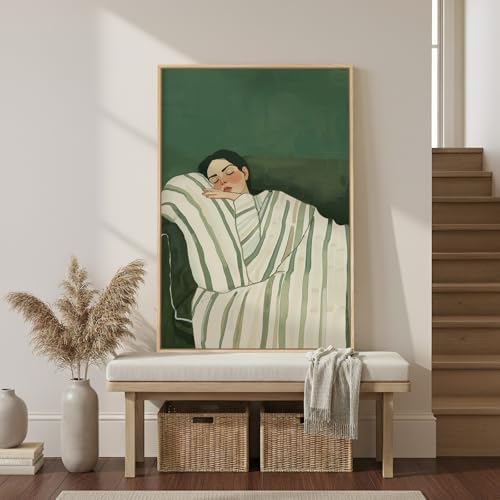Large Framed Cozy Woman Green Calming Wall Art Dorm Bedroom, 24x36 Inch - Image 7