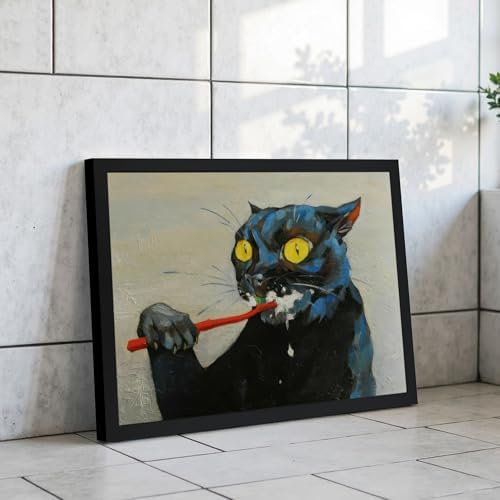 ICHZUMW Framed Funny Black Cat Bathroom Decor Canvas Wall Art, 16x24 Inches - Image 3