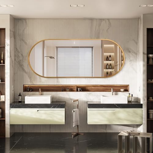 JJUUYOU Oval Full Length Bathroom Mirror Wall Mounted Mirror Gold Metal Mirrors - Image 3