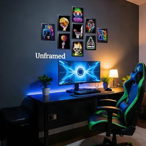 Neon Gamer and Basketball Wall Art Set of 9, Cool Gaming Headset Skull - Image 7