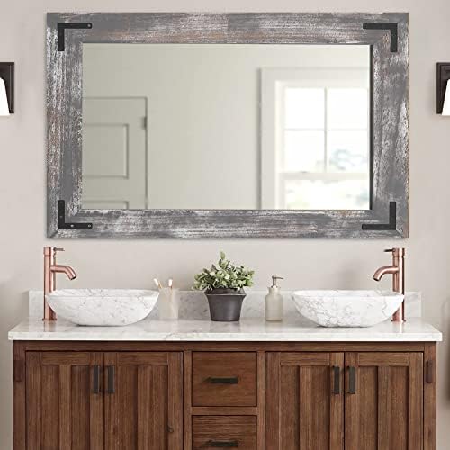 YOSHOOT Rustic Wooden Framed Wall Mirror, Natural Wood Bathroom Vanity Mirror by YOSHOOT