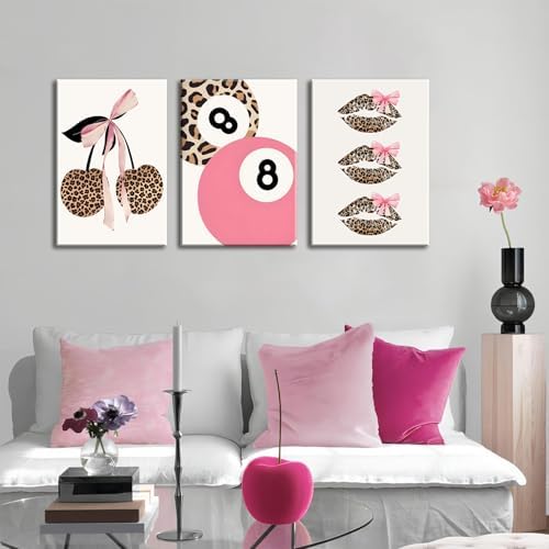 Trendy Pink Leopard Bow Canvas Wall Art Set of 3 Funky Cherry Lucky 8 Ball - Image 3