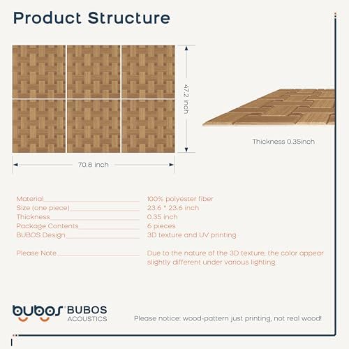 BUBOS 6 Pack Wood Wall Panel, 23.6"x23.6" Peel and Stick Faux Acousitc Panel - Image 3