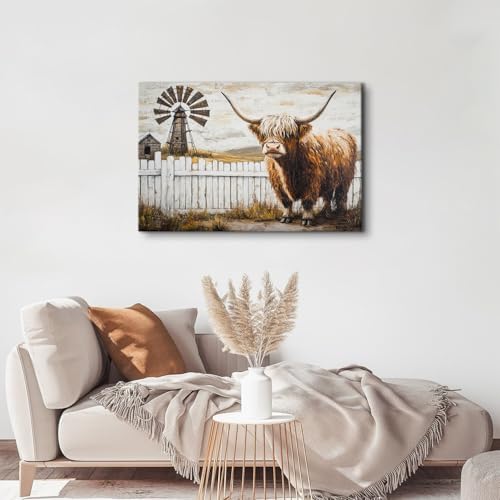 Country Farm Autumn Landscape Canvas Wall Art Vintage Longhorn Cow Pictures - Image 6