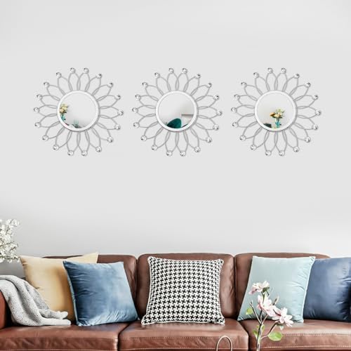 3 Pack Metal Mirrors for Wall Sunburst Wall Mirror Silver Crystal Wall Art - Image 5
