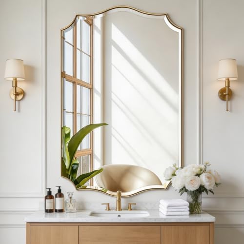 POZINO 48"x30" Premium Brushed Gold Scalloped Beveled Mirror - Image 5