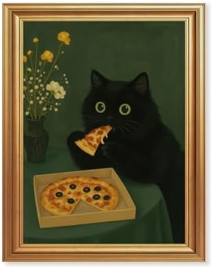 ICHZUMW Gold Framed Funny Black Cat Eating Pizza Canvas Wall Art, 8x10 In by Unknown