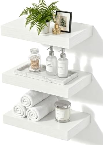 White Floating Shelves for Wall, 12 Inch Wooden Shelves Set of 3 by Mifurn