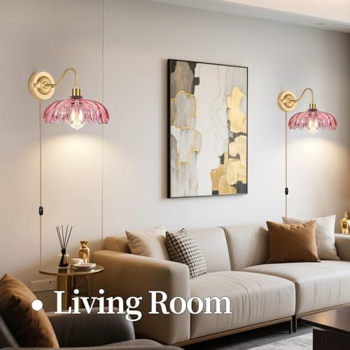 ZECOXOL Vintage Plug in Wall Sconces Set of Two, Glass Wall Sconces Lamps - Image 3