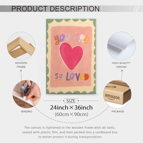 Watercolour You Are So Loved Wall Art Cute Pink Hand Drawn Heart Canvas Poster - Image 2