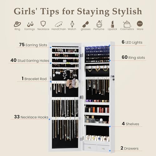DUMOS 6 LEDs Mirror Jewelry Cabinet, Wall or Door Mounted Jewelry Organizer - Image 3