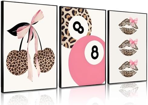 Trendy Pink Leopard Bow Wall Art Set of 3 Funky Cherry Lucky 8 Ball Posters by QQGDecor