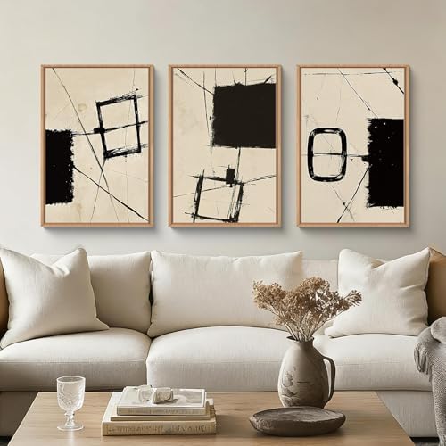 HOURIA Abstract Neutral Brushstroke Framed Canvas Wall Art Set-16"x24"x3 - Image 3