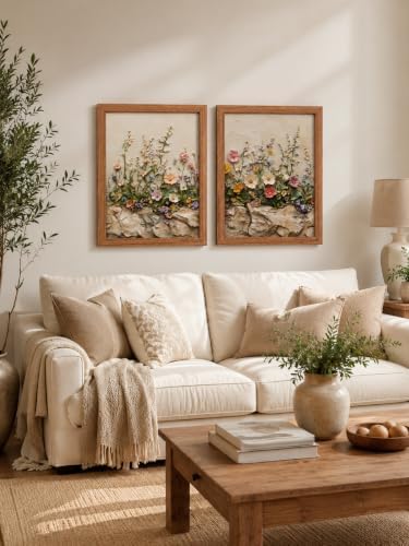 2Pcs Wood Framed Floral Canvas Wall Art Textured Relief Painting Prints Flower - Image 4