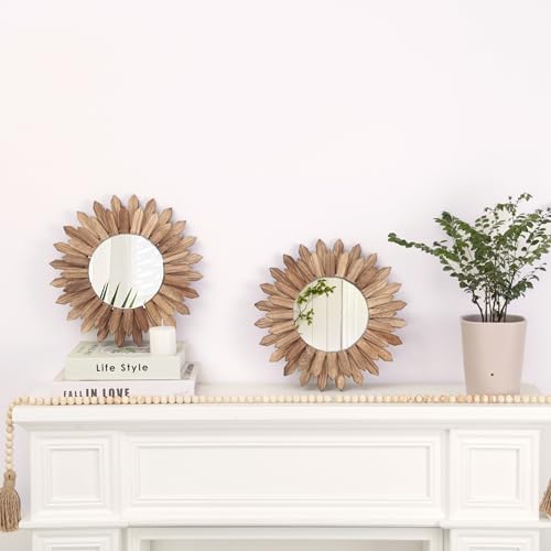 LOSOUR 2 Pack Boho Wall Decor Sunburst Mirror 12 inch Rustic Round Wood Mirror - Image 2