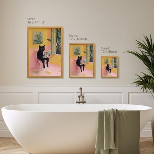 Cyebmo Funny Bathroom Wall Art, Cute Black Cat Sitting on Toilet Reading - Image 6