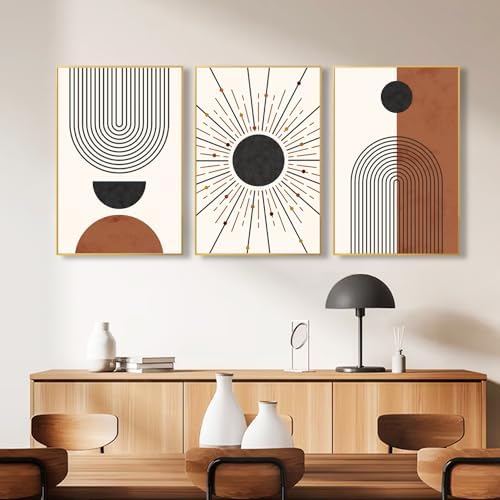 Ausril Minimalist Boho Framed Canvas Wall Art Set, Neutral Geometric Line Sun - Image 2